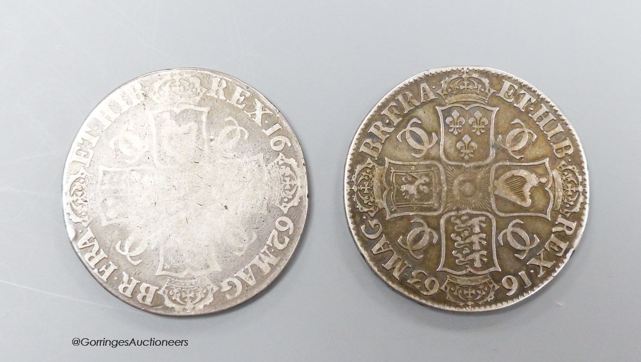 Two Charles II Crowns 1662, the first rose below bust, edge undated, S.3550 and legend rearranged no rose S.3352